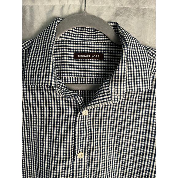 Michael Kors Men’s Navy Gingham Check Button Down Shirt Long Sleeve Size 34/35 - Picture 1 of 7
